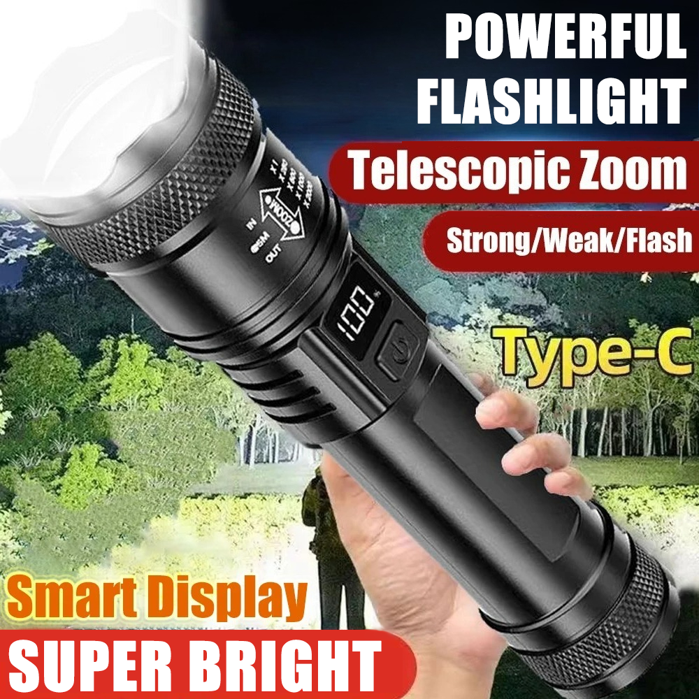 Outdoor Lighting Permanent - Rechargeable LED Flashlight Zoomable Torch with
